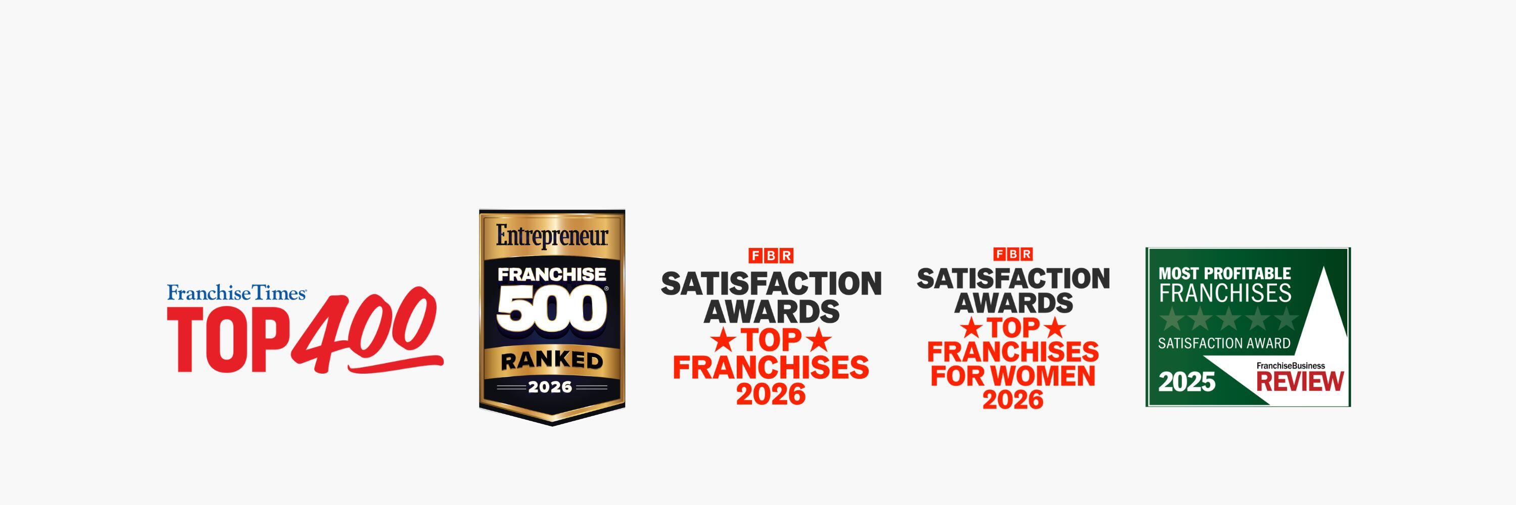 Gray background with a row of 5 award badges