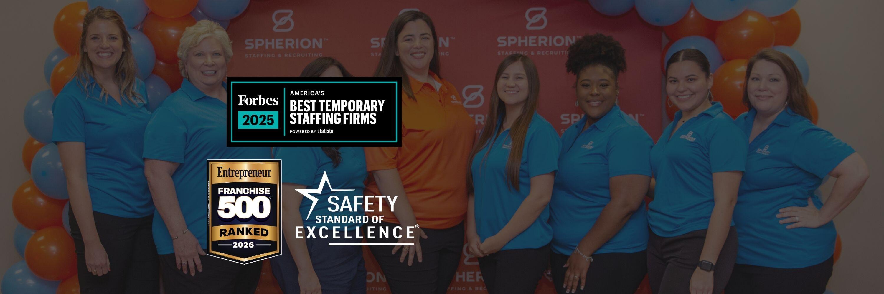 Three award logos on a background photo of a row of smiling professional women