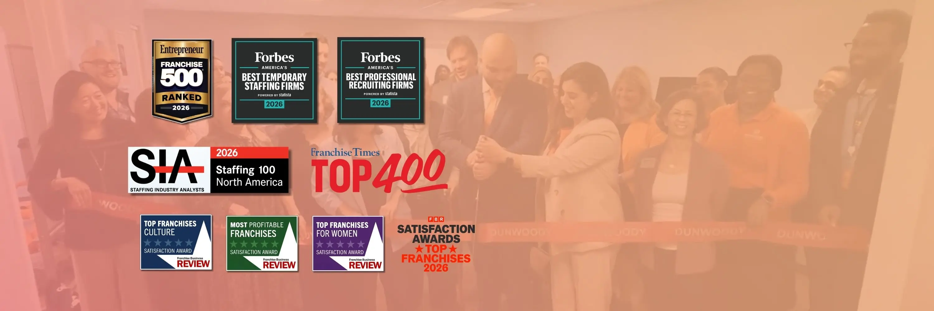 A group of people participating in a ribbon cutting ceremony overlaid with 9 award badges on the left side