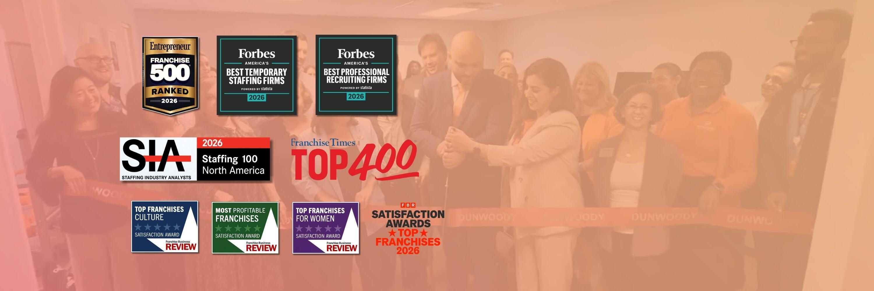 A group of people participating in a ribbon cutting ceremony overlaid with 9 award badges on the left side