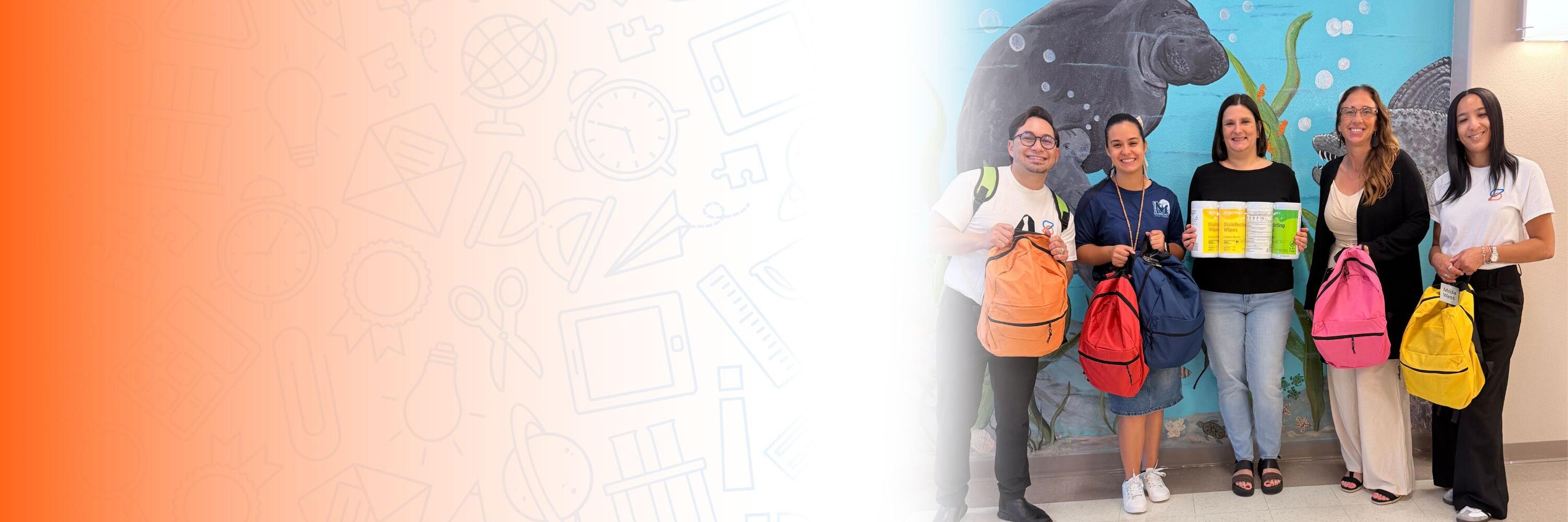 An orange background that fades into a white background and then a photo of educators in a school setting