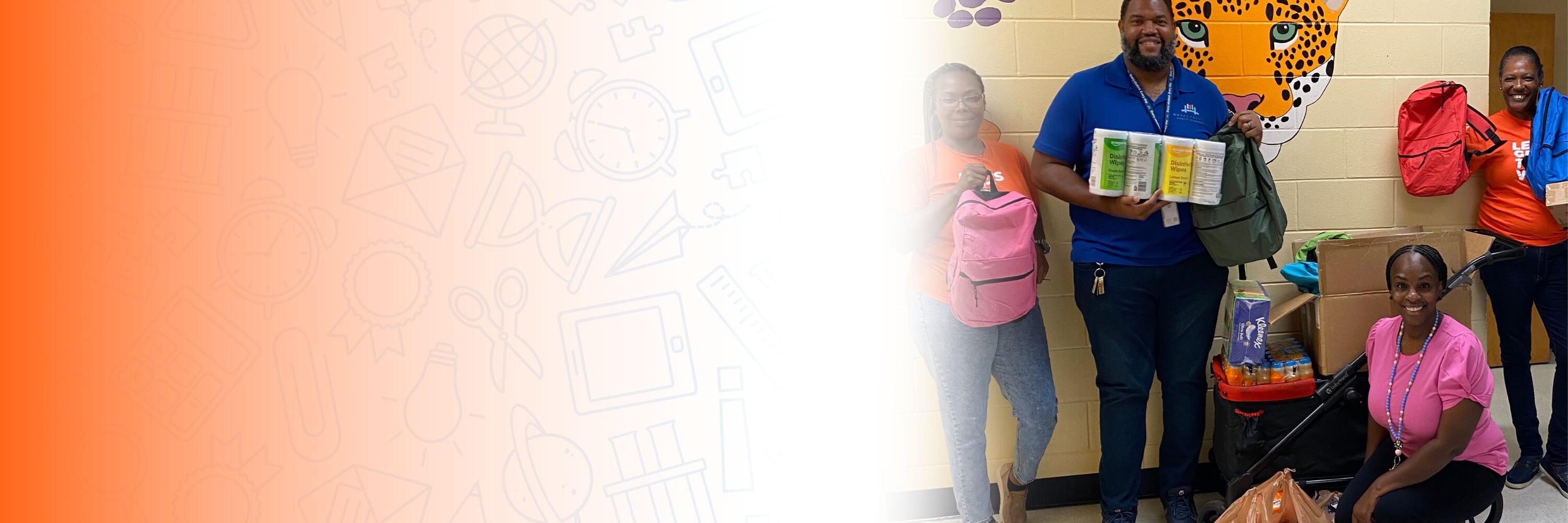 An orange background that fades into a white background and then a photo of educators in a school setting