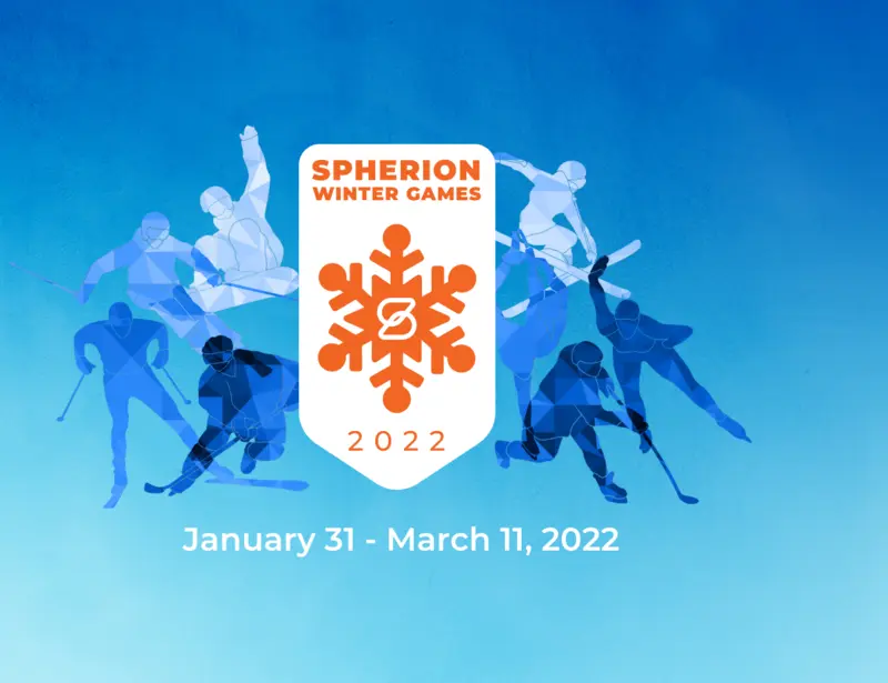 Blue banner with dark blue sports figures surrounding the Spherion Winter Games shield