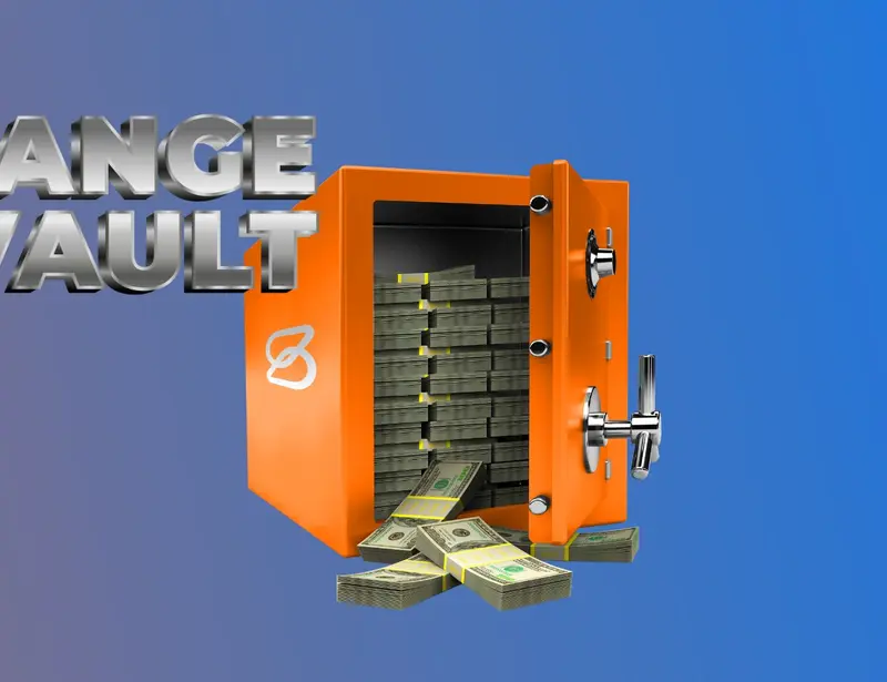 Orange and blue gradient background with a picture of a vault with cash spilling out of the front, with the words The Orange Vault