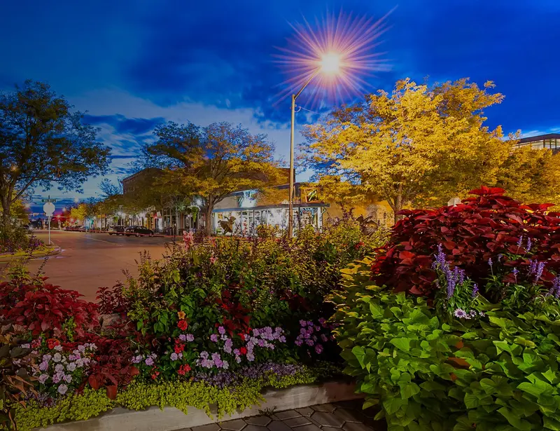 View of downtown Fort Collins, Colorado at night