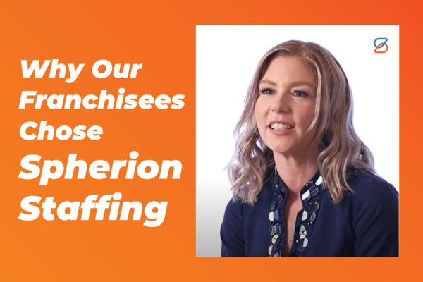 Orange background with a picture of Spherion franchisee Kristi Silva on the right and the text Why Our Franchisees Chose Spherion Staffing on the eft