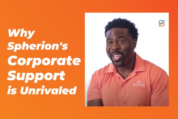 Text reads Why Spherion's Corporate Support is Unrivaled on the left, with an Image of a man on the right