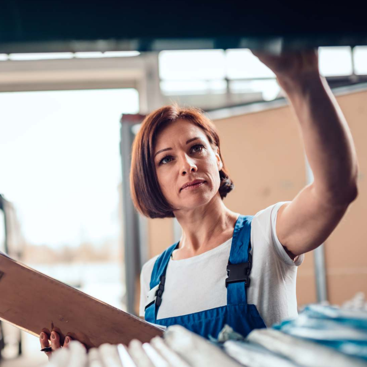 Woman shipping clerk examining shelf of products in a warehouse