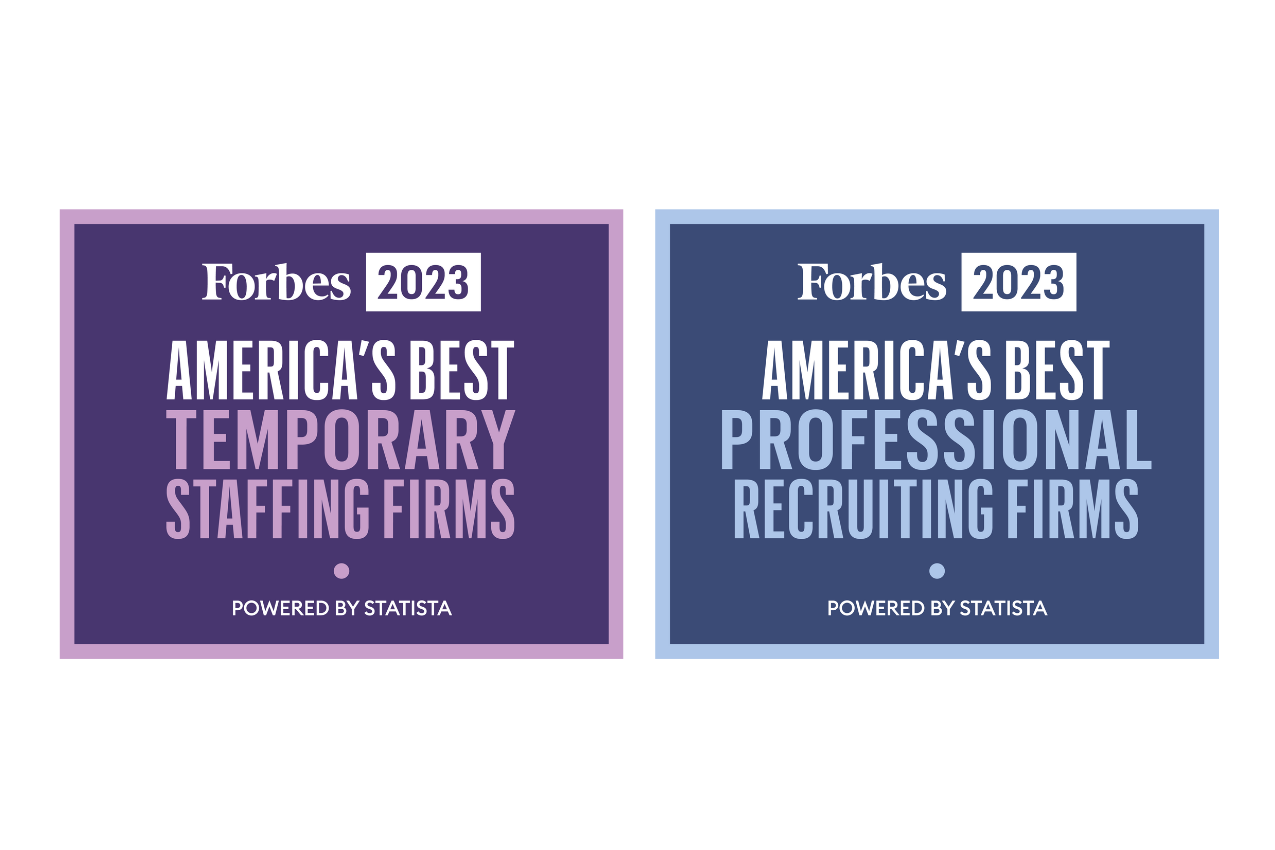 Forbes 2023 Best Temporary Staffing Firms and Best Professional Recruiting Firms badges