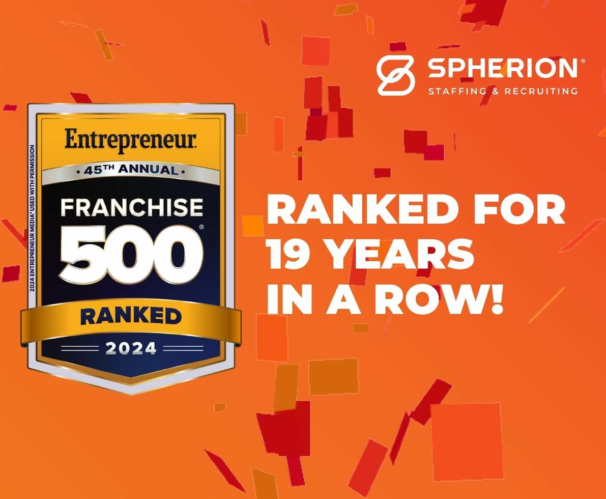 The Entrepreneur 500 2024 logo on the left with the words "Ranked for 19 Years in a Row" on the right. The Spherion logo is in the top right corner.